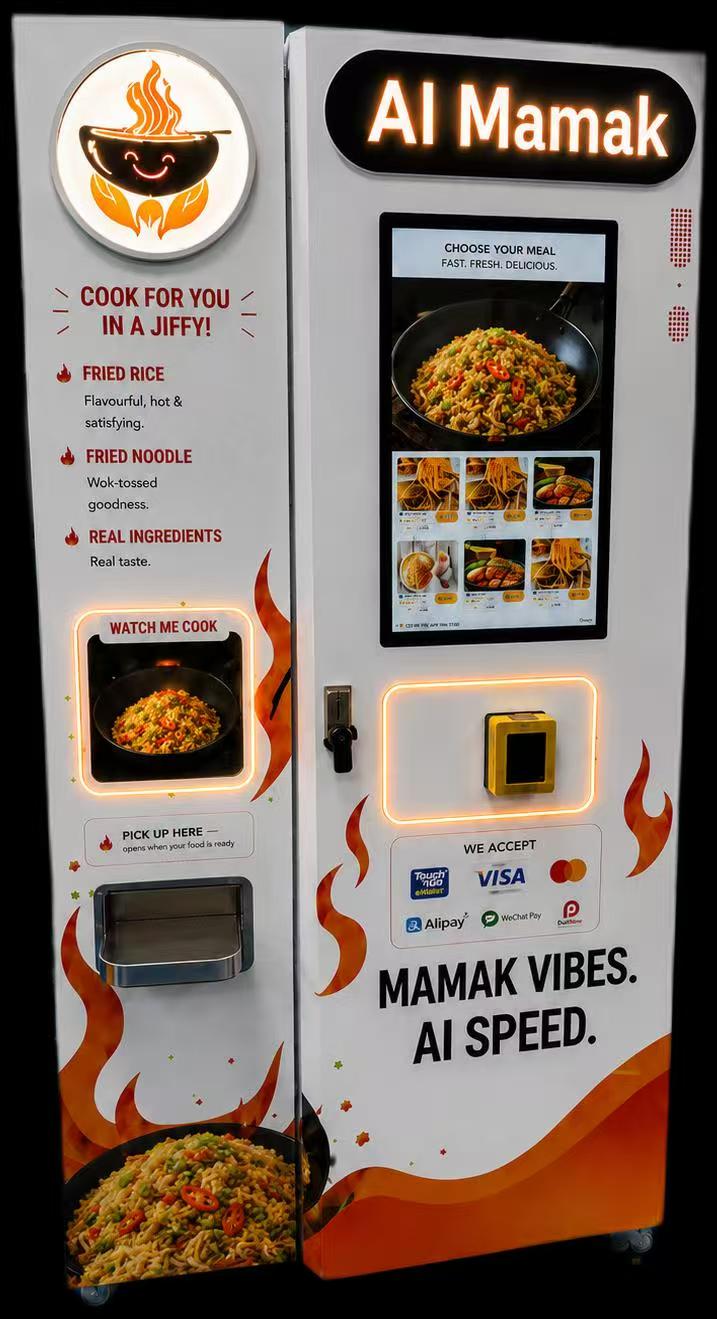 AI Mamak automated cooking machine with its digital ordering screen and meal pickup compartment